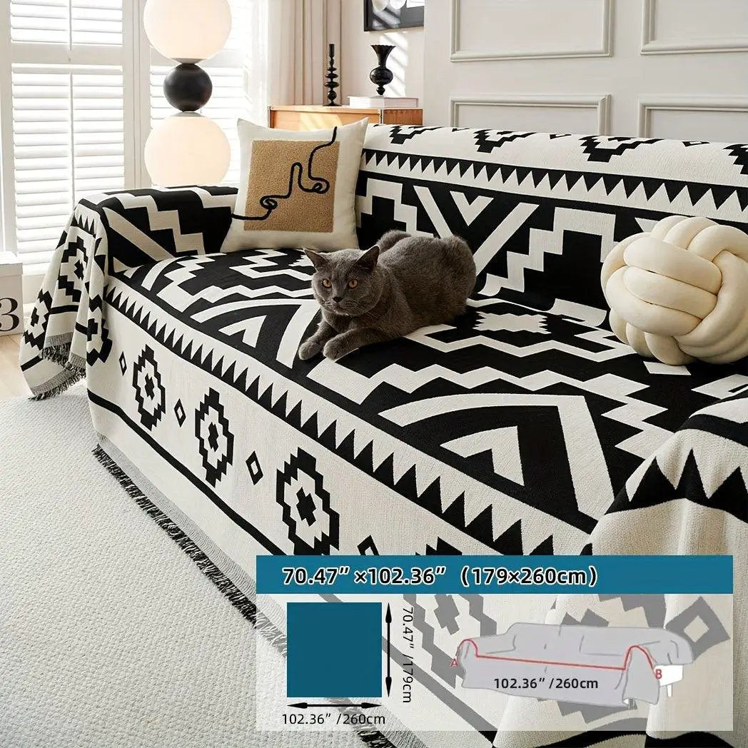 Boho-Chic All-Season Sofa Cover by topspet; black-and-white geometric print, pet-proof couch cover, 70.47 x 102.36 in