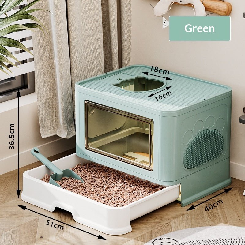 Green drawer litter box with exterior and top-opening dimensions