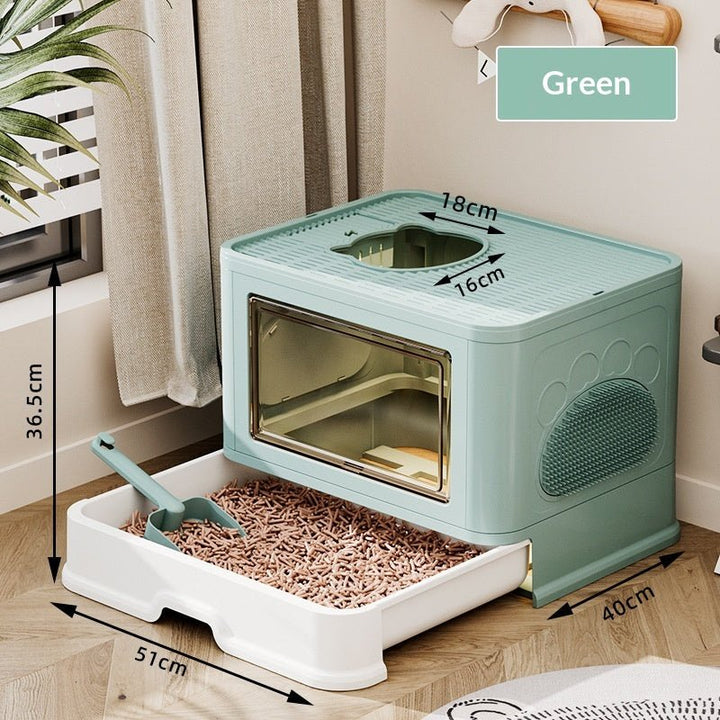 Green drawer litter box with exterior and top-opening dimensions