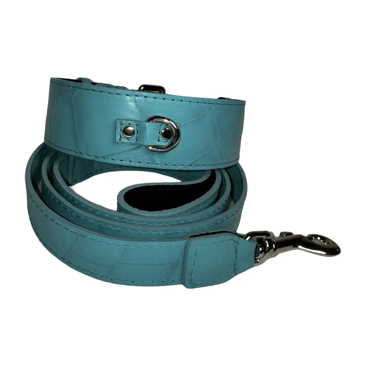 The Tiffany Collection turquoise blue embossed croc Italian leather dog collar and leash set with silver hardware