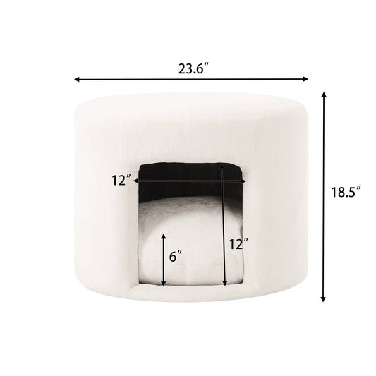 Beige pet-friendly ottoman with removable cushion and hidden pet nook