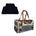 Load image into Gallery viewer, Mr. Peanut's Gold Series standard-size airline-compliant expandable pet carrier in camouflage; includes brown straps and a black hexagonal-quilted pad.
