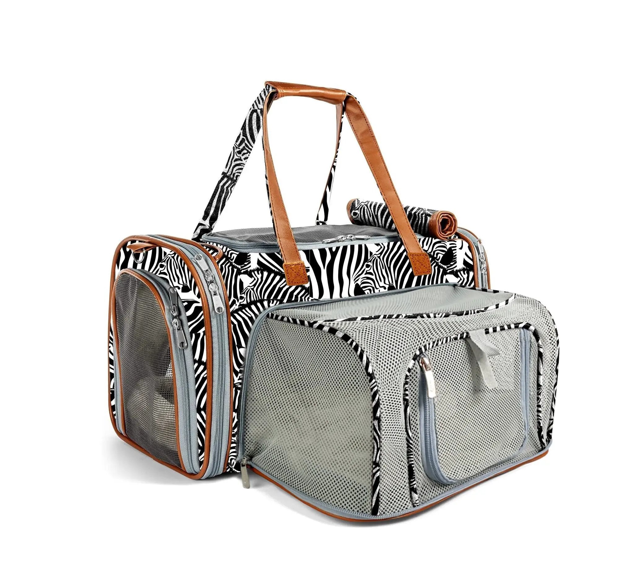 Mr. Peanut's Gold Series airline‑compliant expandable pet carrier in zebra print with tan faux‑leather handles