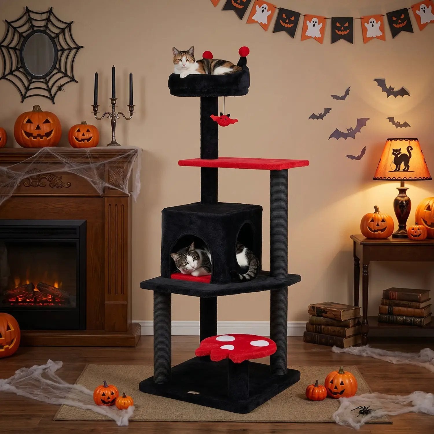 57in Gothic Cat Tower by DirectDeals with padded red platforms, black posts, spider toy, and two cats