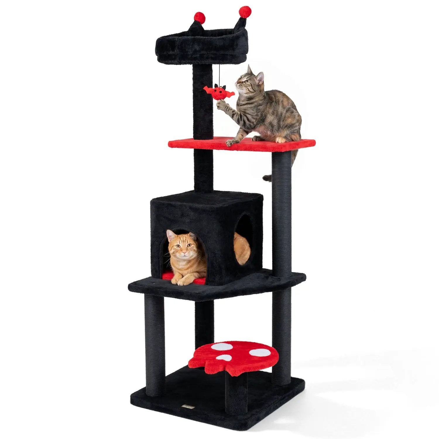 57-inch Gothic Cat Tower by DirectDeals, black cat tree with red platforms, padded perch, spider toy, two cats