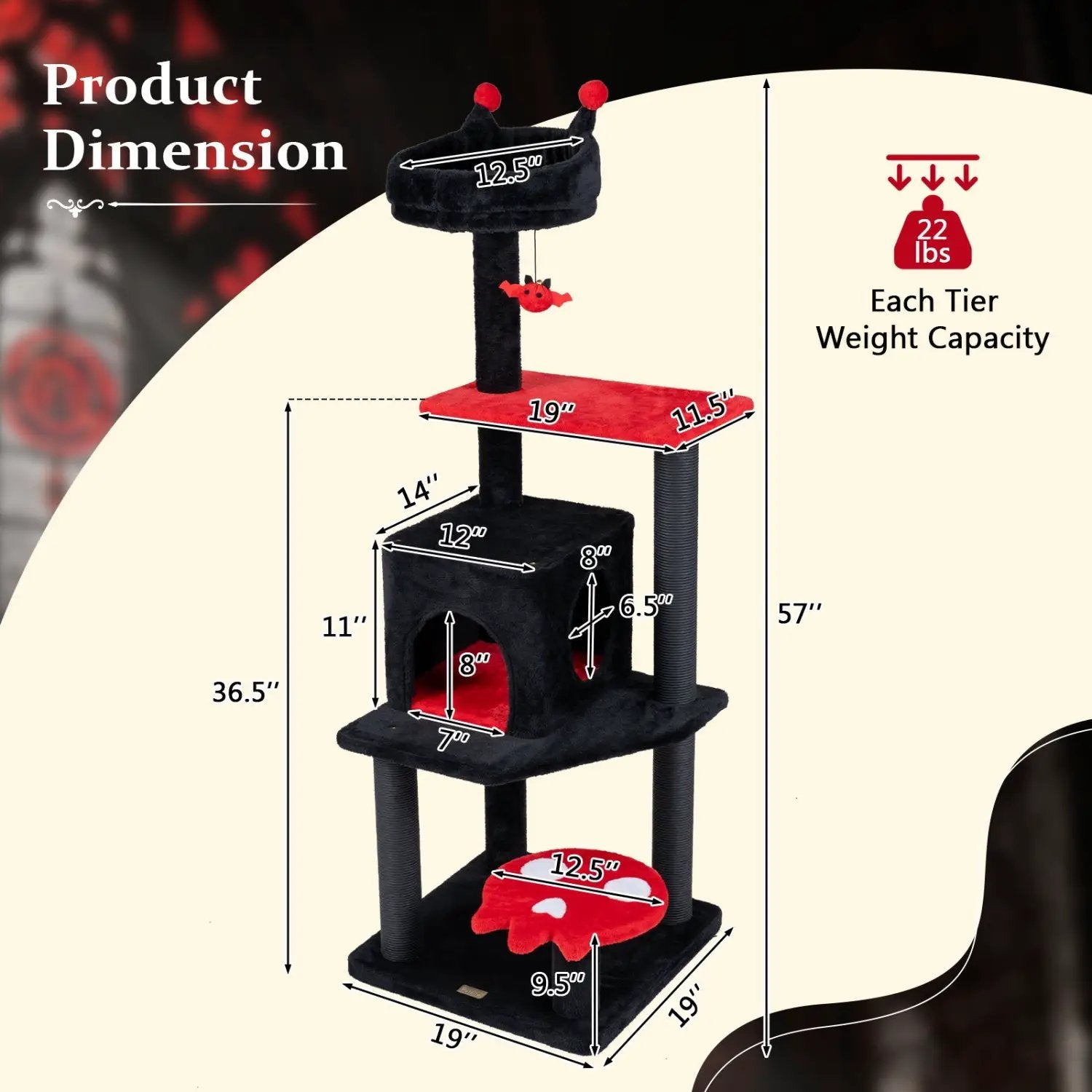 DirectDeals 57-inch Gothic Cat Tower with padded perch and spider toy, black plush cat tree