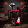 Load image into Gallery viewer, 57-inch Gothic Cat Tower with padded black perch and red platform, spider toy; cats lounging in a living room.
