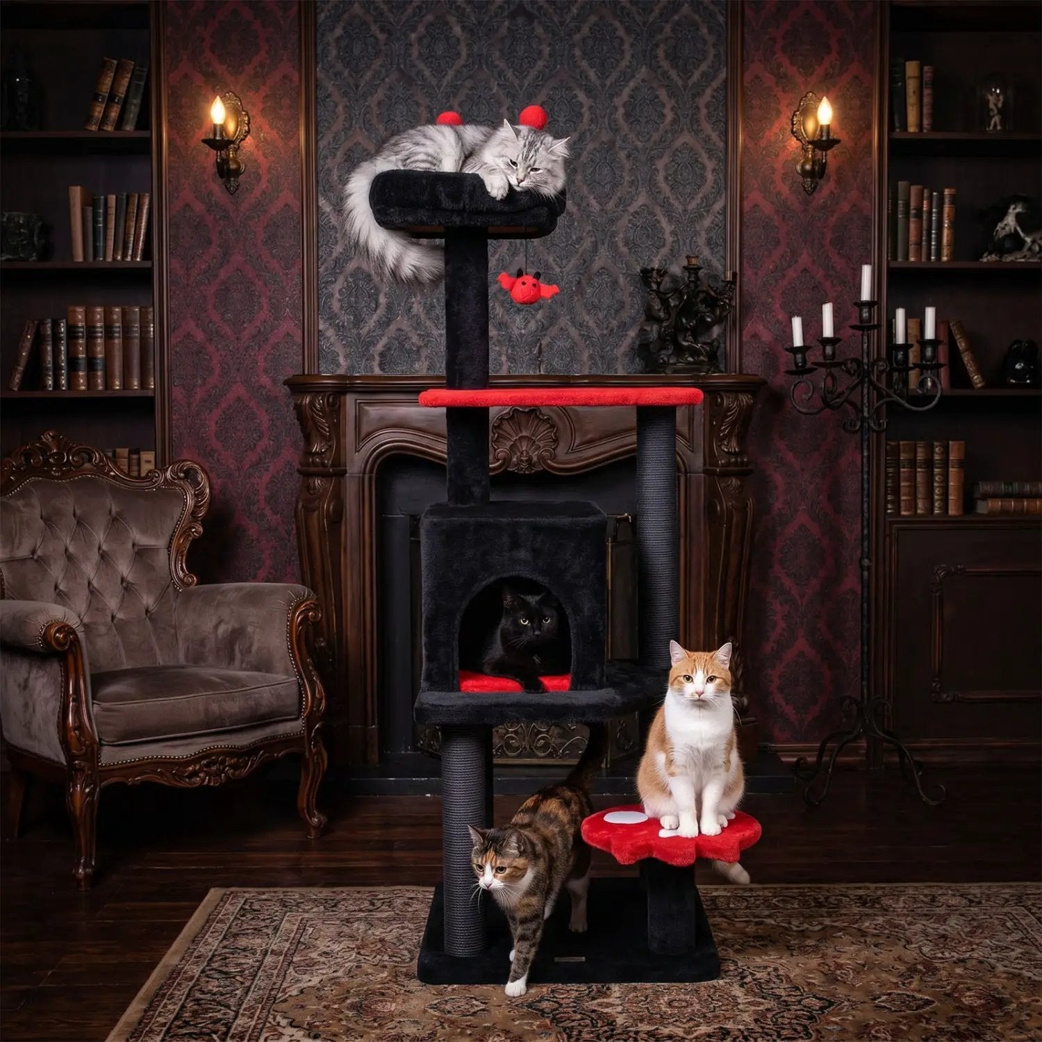 57-inch Gothic Cat Tower with padded black perch and red platform, spider toy; cats lounging in a living room.
