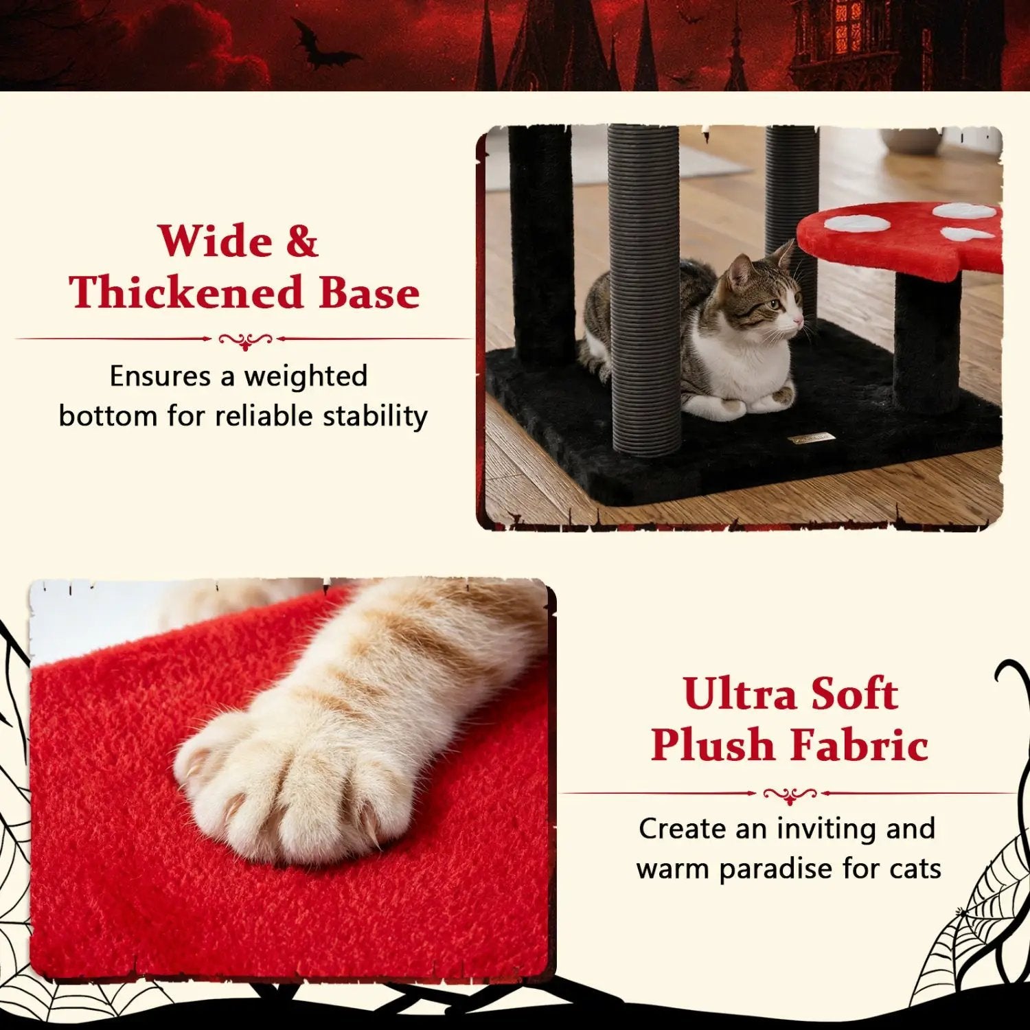 57-inch Gothic Cat Tree by DirectDeals with padded black base, rope-wrapped posts, and red plush perch.