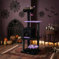 Load image into Gallery viewer, 57-inch Gothic cat tree with plush black posts, purple padded platforms, and a spider toy
