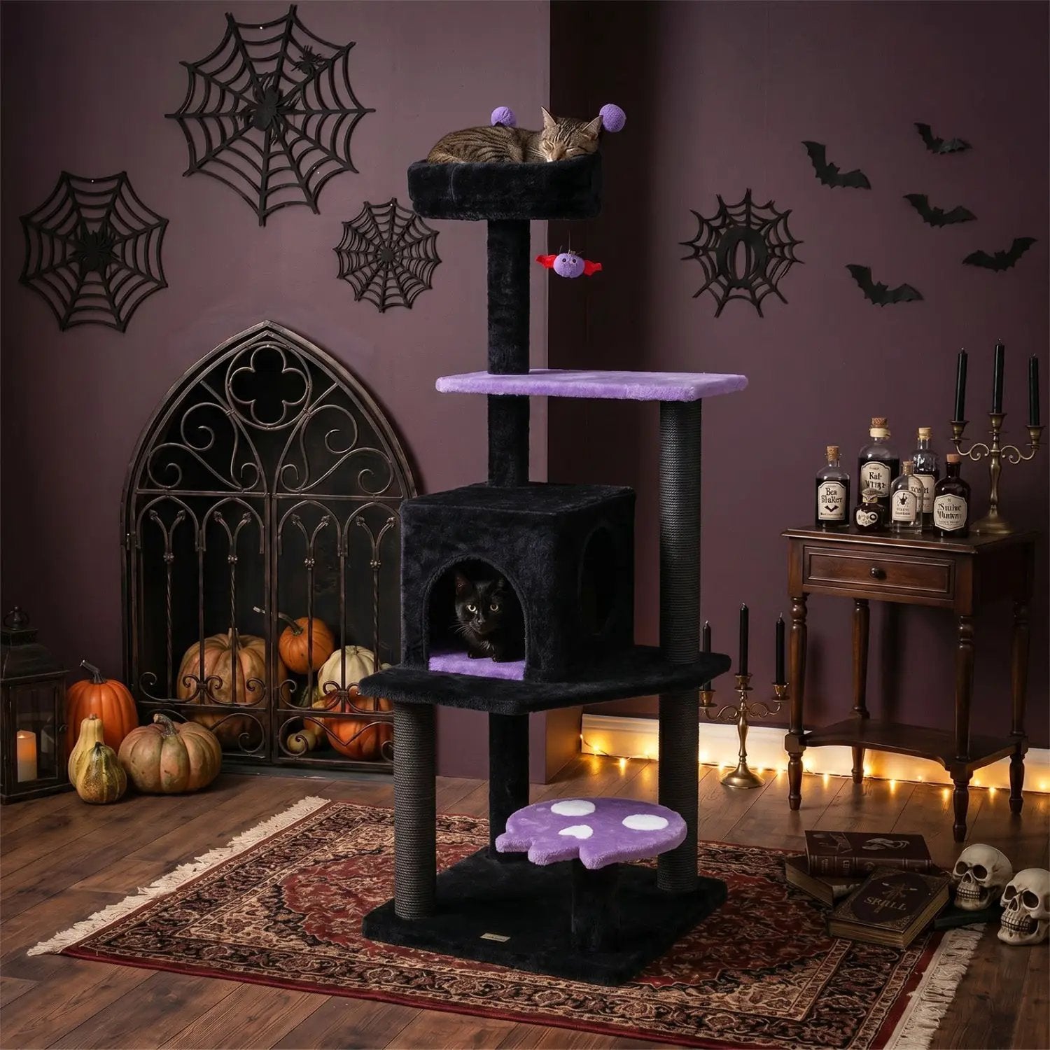 57-inch Gothic cat tree with plush black posts, purple padded platforms, and a spider toy