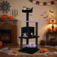 Load image into Gallery viewer, 57-inch Gothic Cat Tower by DirectDeals with black posts and purple plush platforms, spider toy
