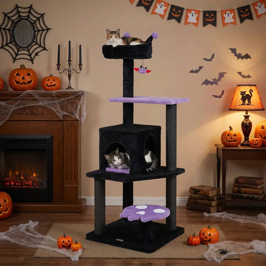 57-inch Gothic Cat Tower by DirectDeals with black posts and purple plush platforms, spider toy