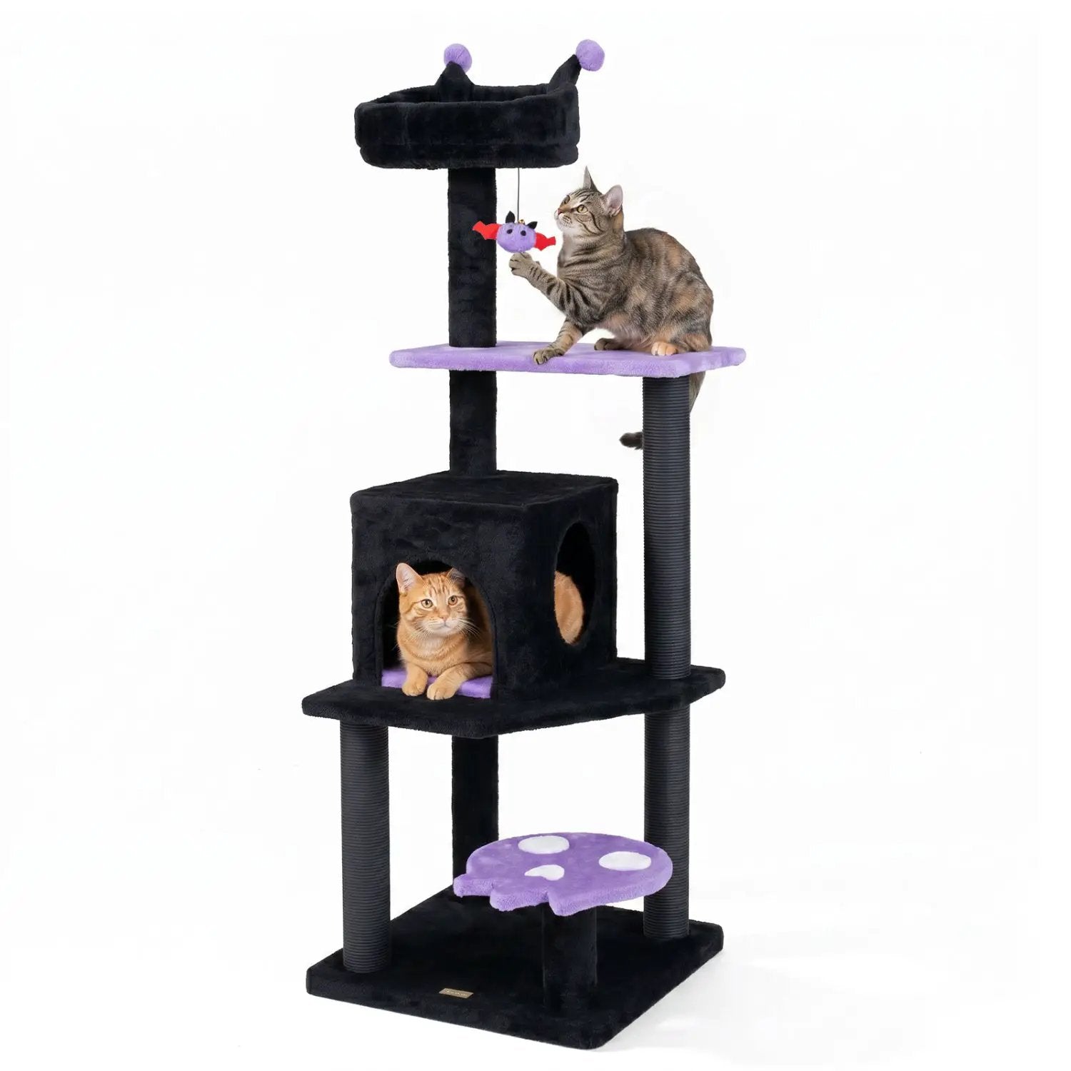 57-inch Gothic Cat Tower by DirectDeals, black cat tree with purple padded perches and a hanging spider toy, two cats.