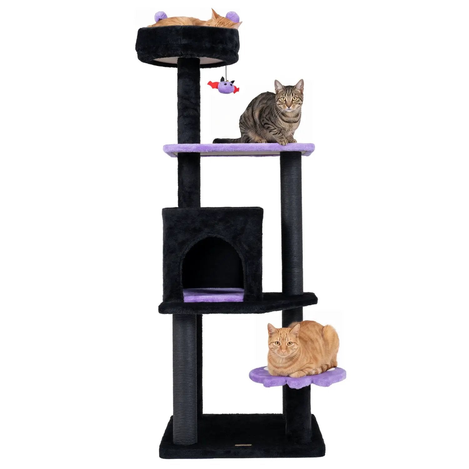 57-inch Gothic Cat Tower with Padded Perch and Spider Toy, black plush cat tree with purple platforms and two cats.