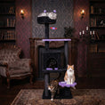Load image into Gallery viewer, 57-inch Gothic cat tree with black plush posts and purple padded platforms, spider toy, in a Victorian-style room
