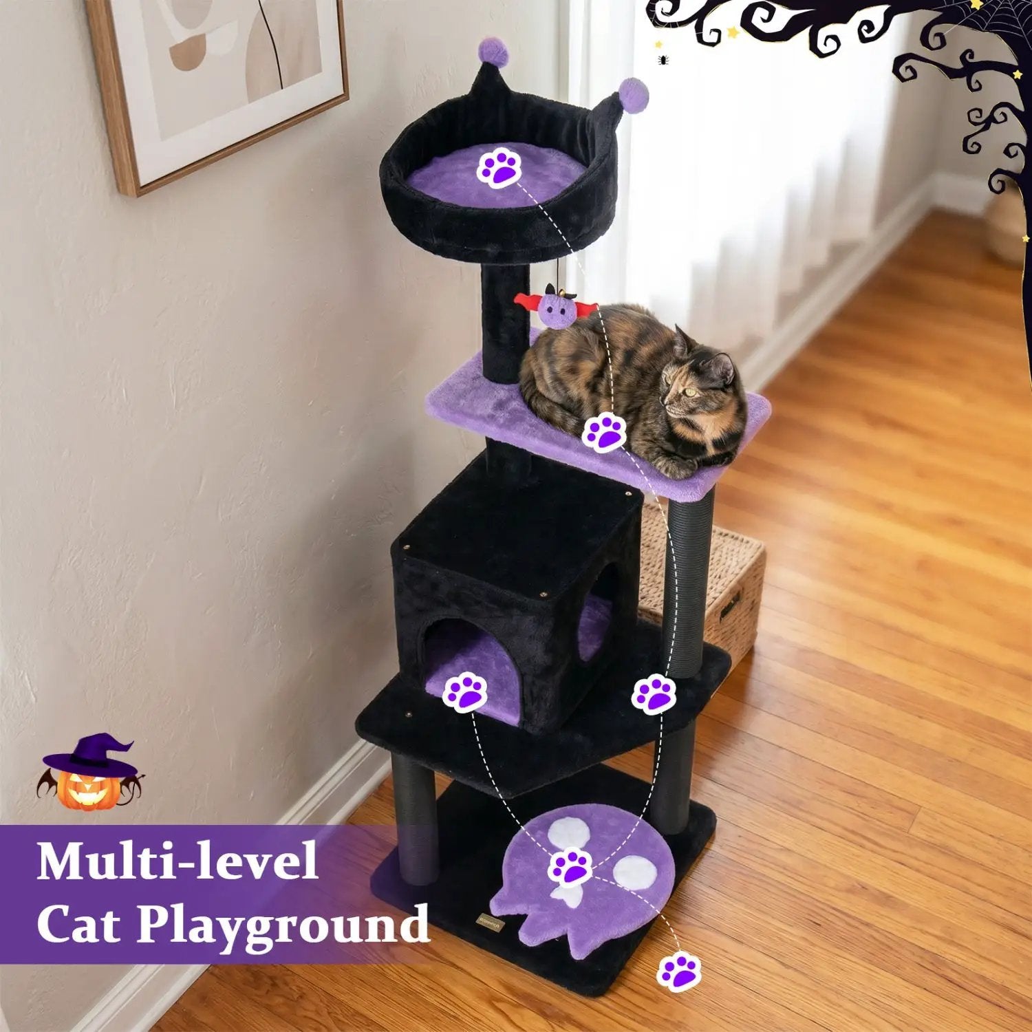 57-Inch Gothic Cat Tower by DirectDeals with black posts, purple padded perches, and a hanging spider toy.