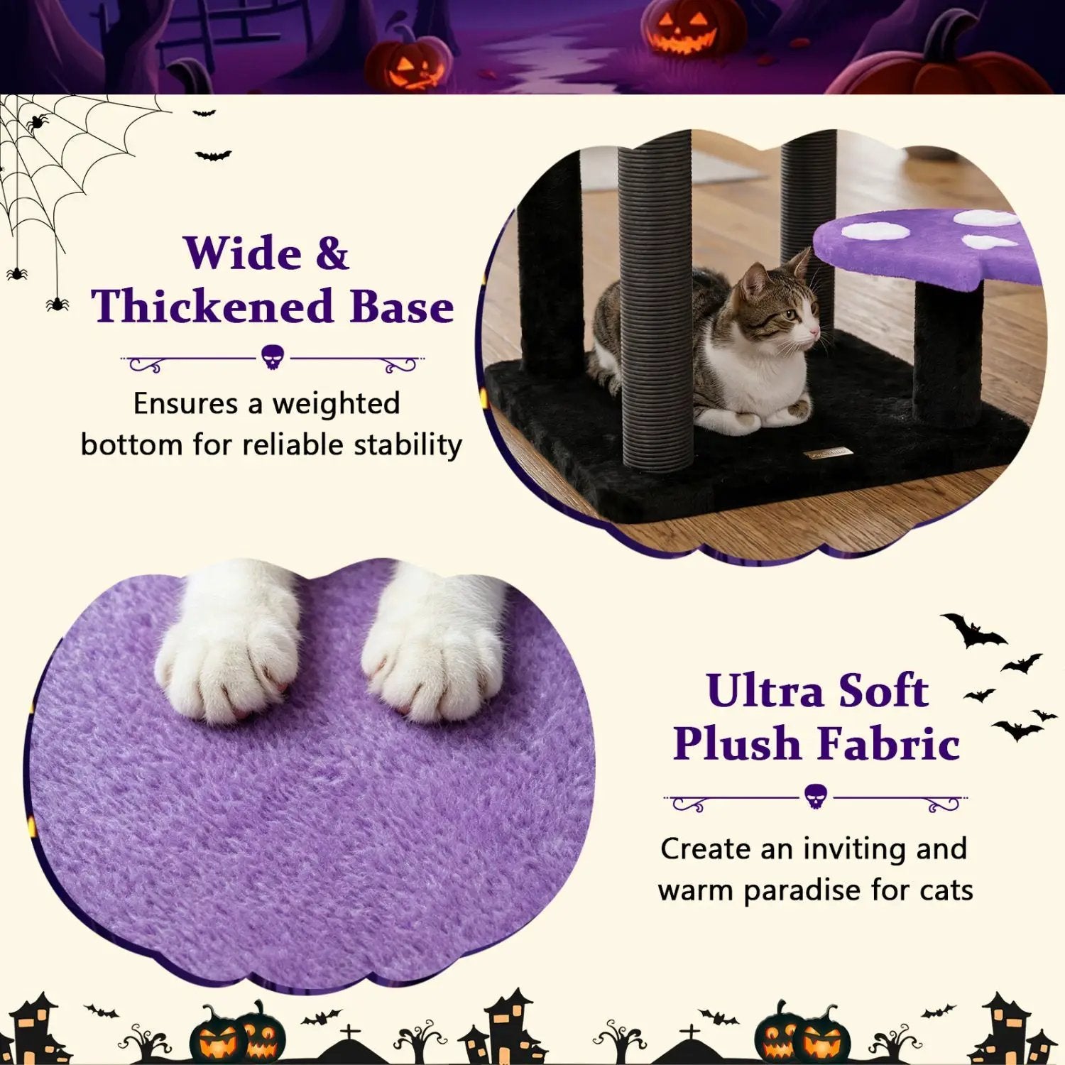 57-inch Gothic Cat Tower with Padded Perch and Spider Toy by DirectDeals; purple plush fabric cat tree with wide, thick base