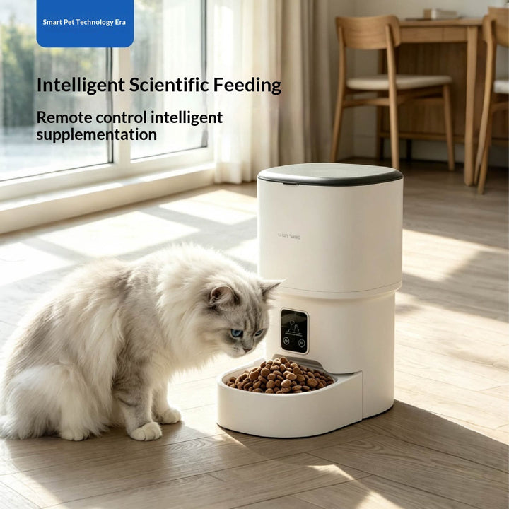 White feeder beside cat