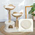 Bild in Galerie-Betrachter laden, PawHut Woven Nest Cat Tree care graphic showing the two cushioned basket beds and a removable cushion labeled washable.
