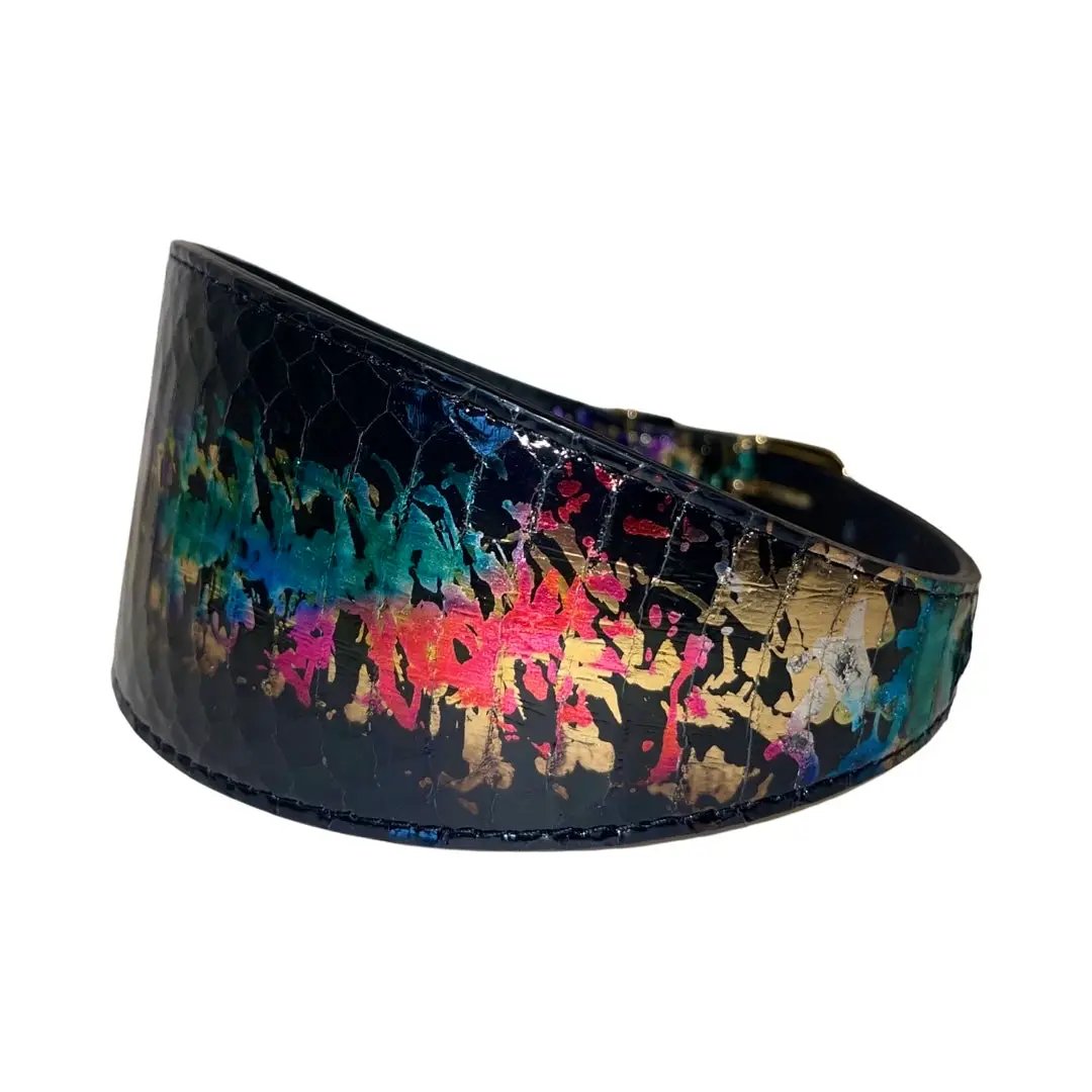 3-inch wide art deco snake collar with black base and vibrant multicolor splatter design.