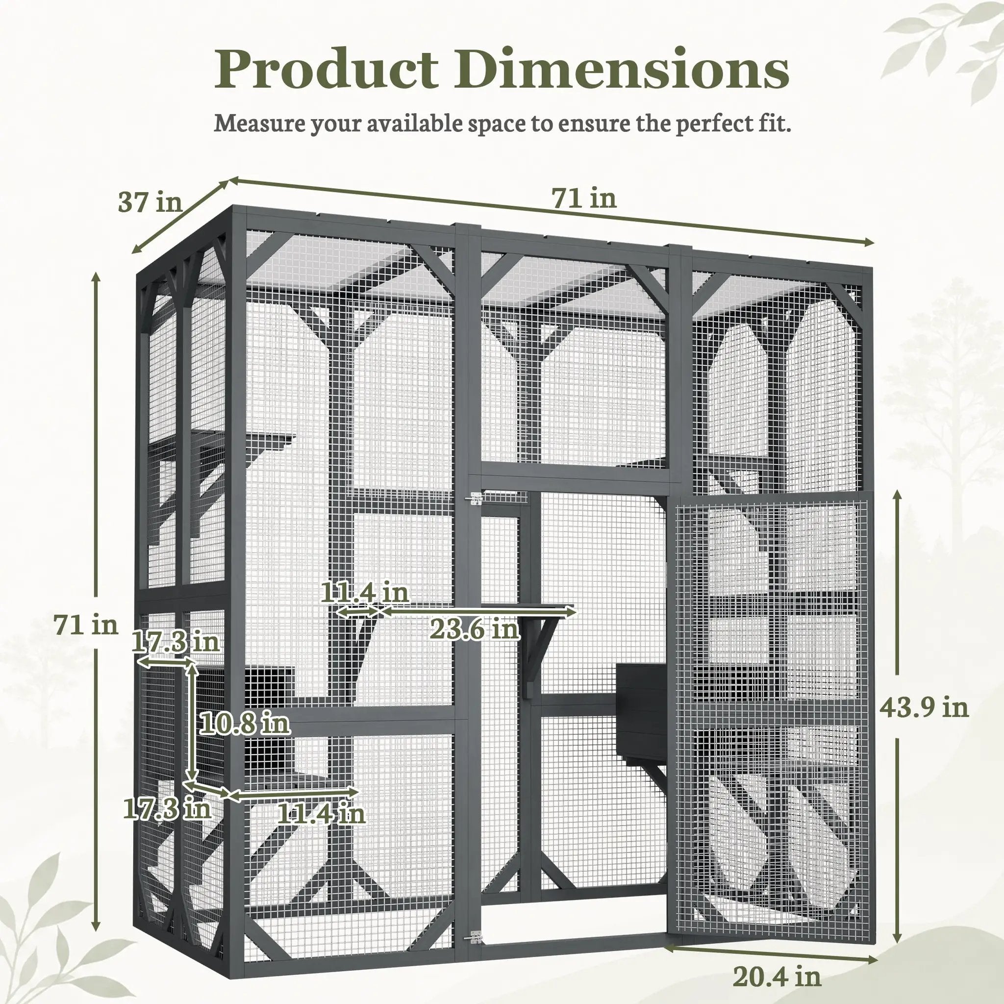 Outdoor cat enclosure; 71x37x71 in, large wooden cat cage with mesh panels and waterproof roof.