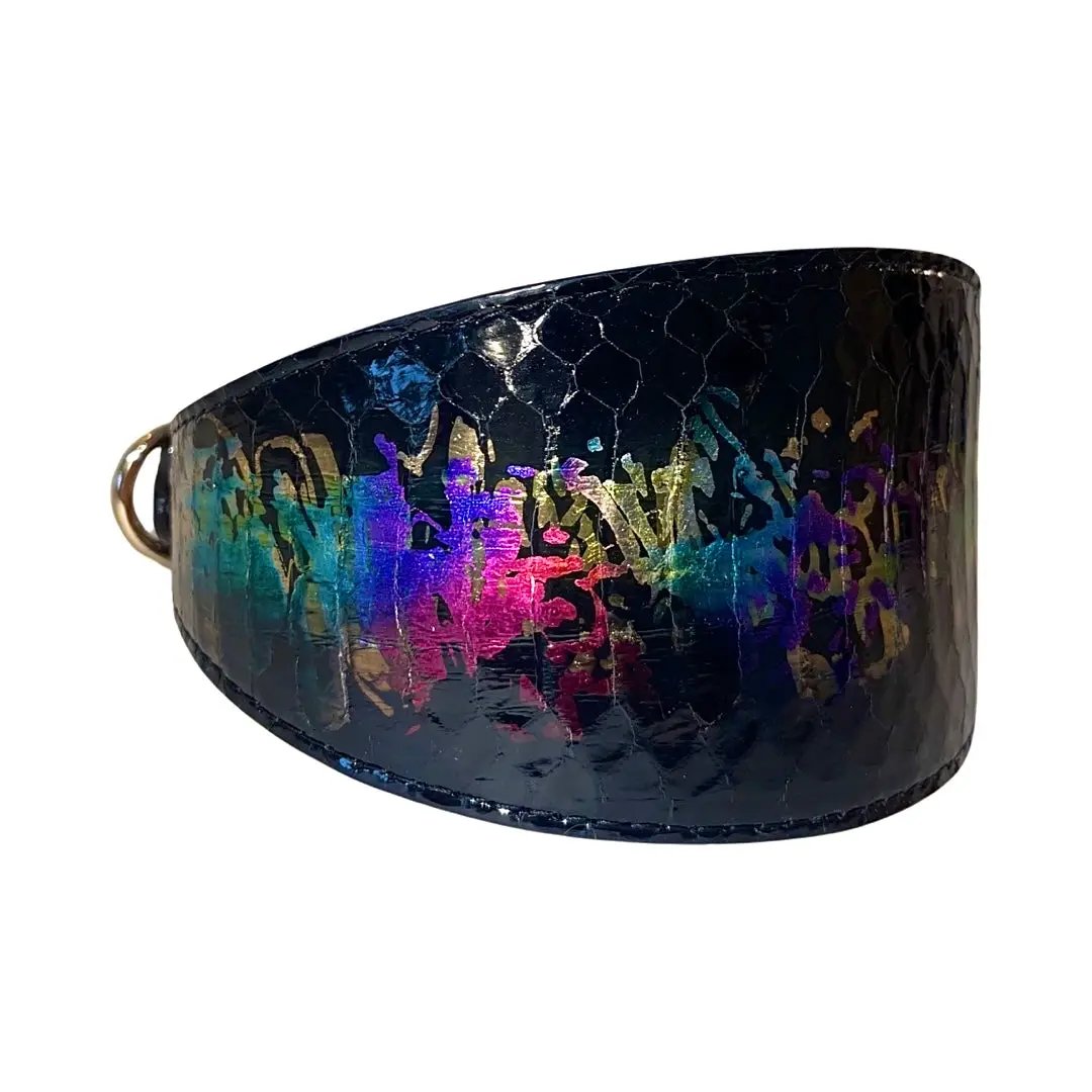 Snake collar, 3-inch wide, iridescent multi-color Art Deco pattern, snakeskin texture, Allysa Payne Beverly Hills