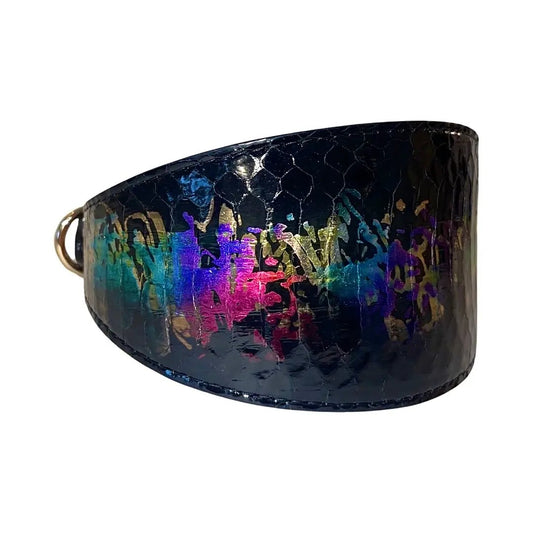 Snake collar, 3-inch wide, iridescent multi-color Art Deco pattern, snakeskin texture, Allysa Payne Beverly Hills