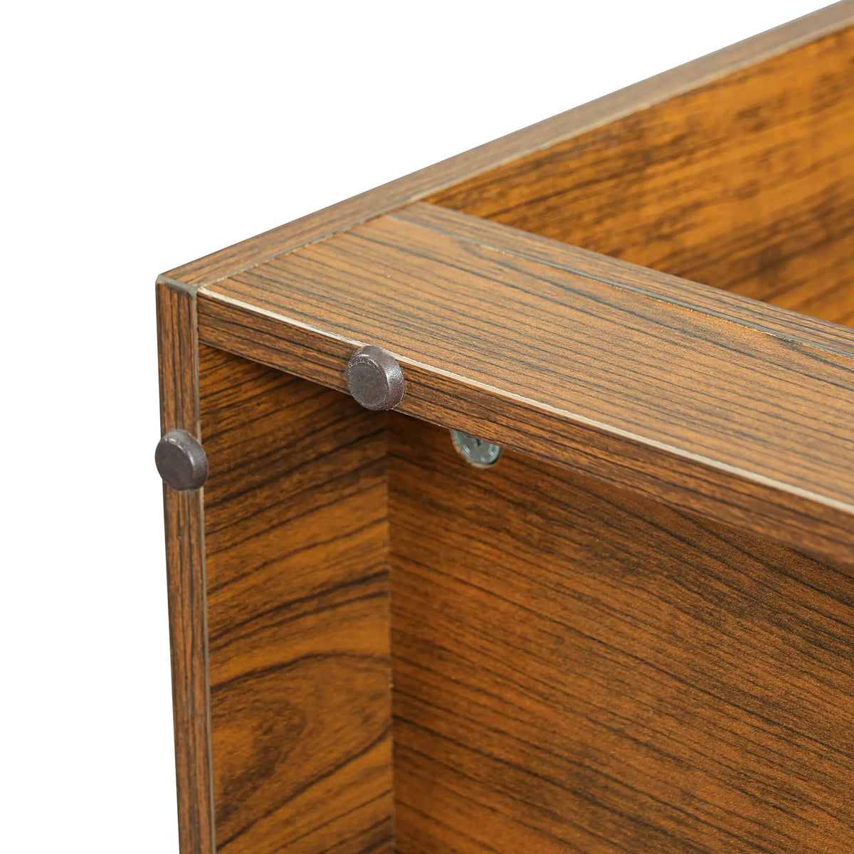 Wooden display cabinet with drawer, brown wood grain finish, round metal knobs.