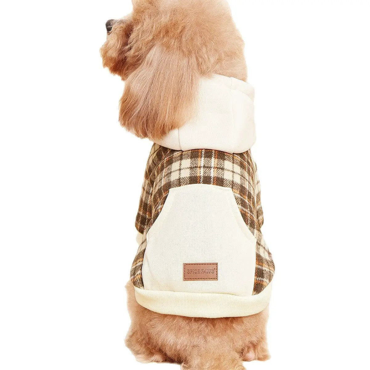 Dog coat with warm brown plaid body and cream hoodie, Spice Paws patch visible