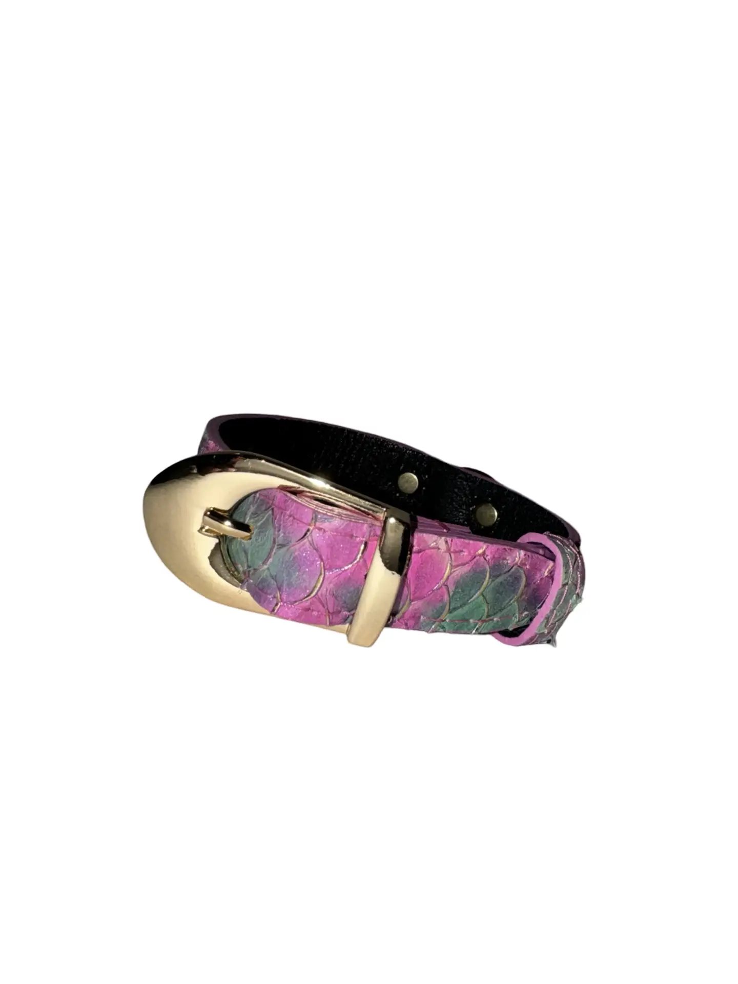 Mermaid Collection XS Collar by Allysa Payne Beverly Hills, pink-purple-green iridescent scales and gold buckle