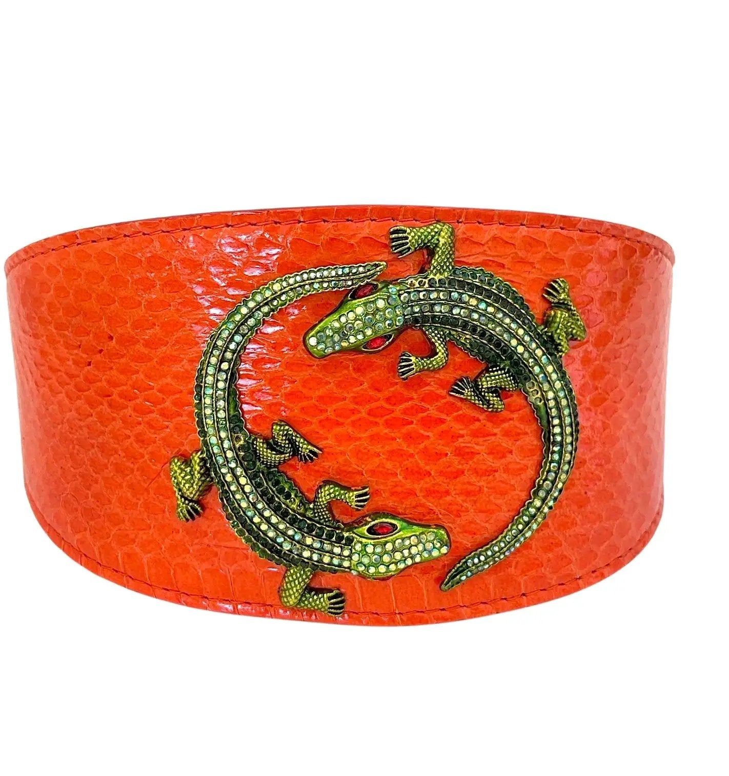 Orange snake collar with green rhinestone alligators, by Allysa Payne Beverly Hills