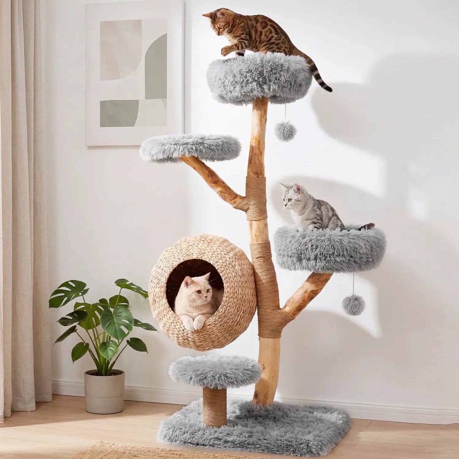5-Tier wooden cat tree with woven condo and plush gray perches; three cats