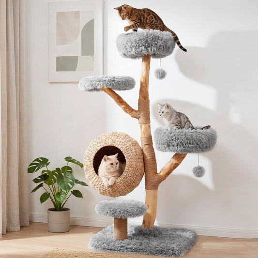 5-Tier wooden cat tree with woven condo and plush gray perches; three cats