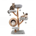 Load image into Gallery viewer, 5-Tier wooden cat tree with woven condo and plush perches, jute posts and hanging pom-pom balls; 3 cats shown
