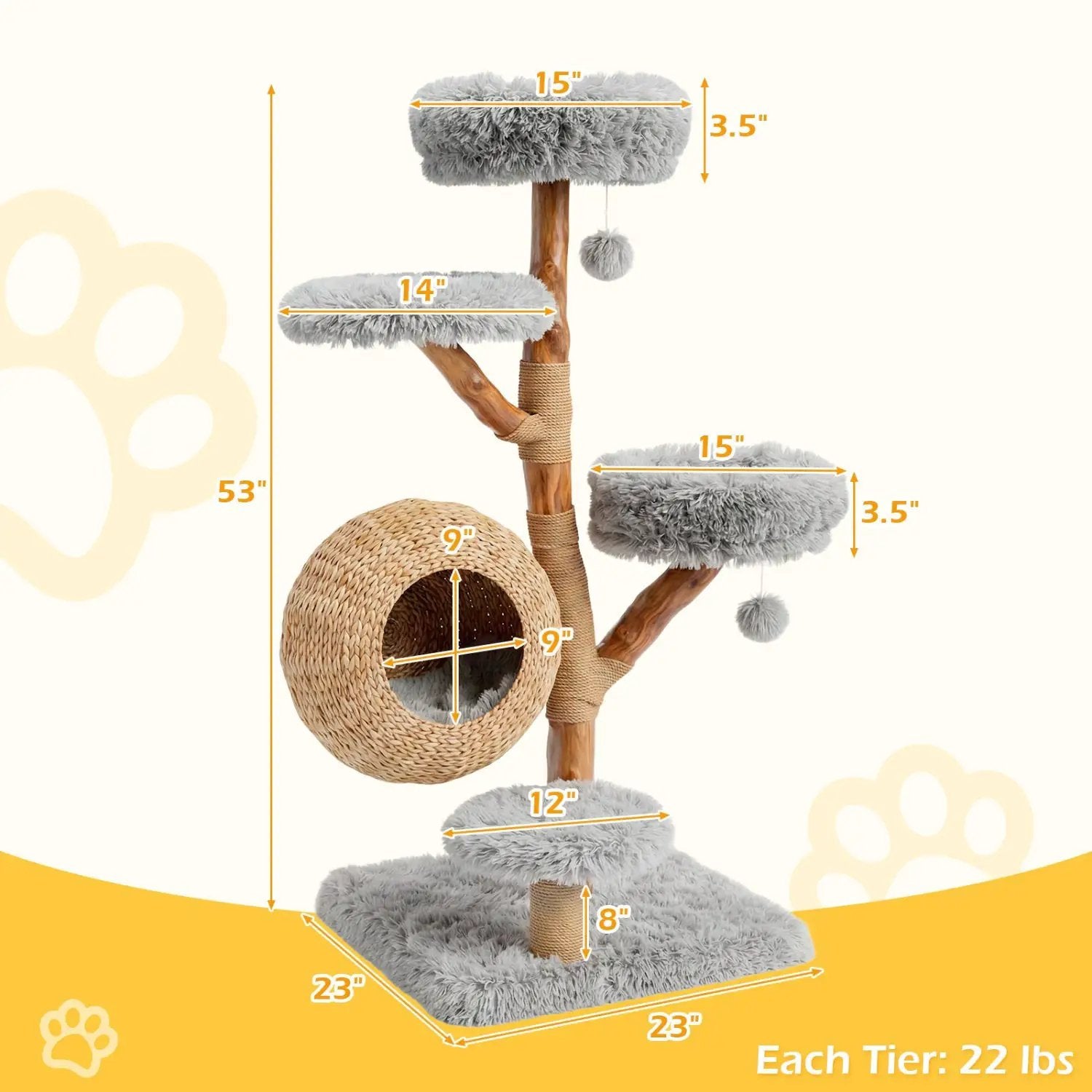 DirectDeals 5-Tier Wooden Cat Tree with Woven Condo; gray plush perches, jute posts, and a hanging pom-pom