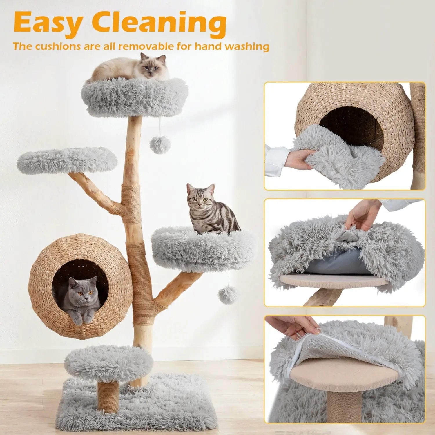 DirectDeals 5-Tier Wooden Cat Tree with grey plush perches and woven condo