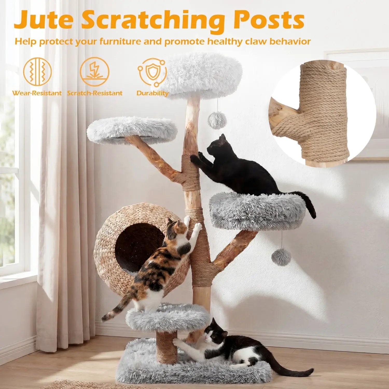 5-Tier wooden cat tree with plush gray perches, jute-wrapped posts and a woven condo