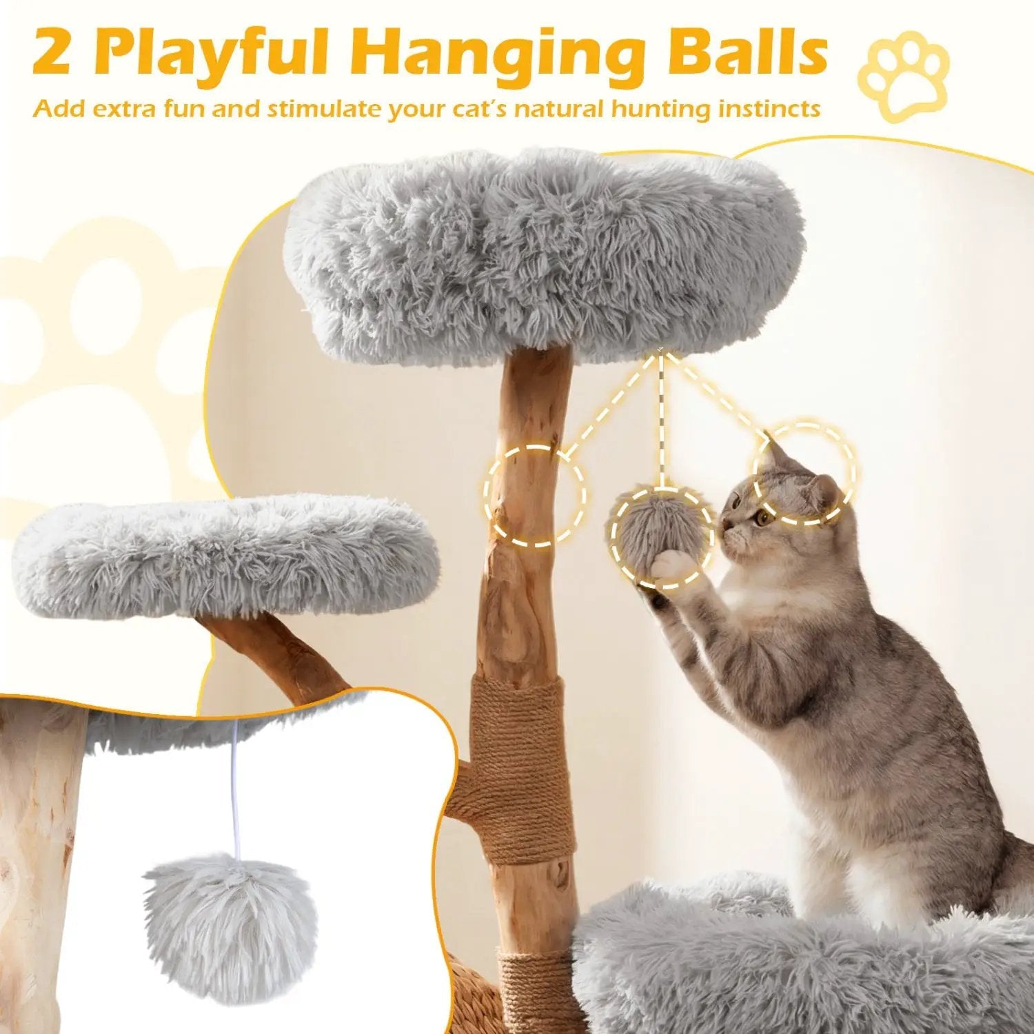 DirectDeals 5-Tier Wooden Cat Tree with plush grey perches, woven condo, jute posts and balls