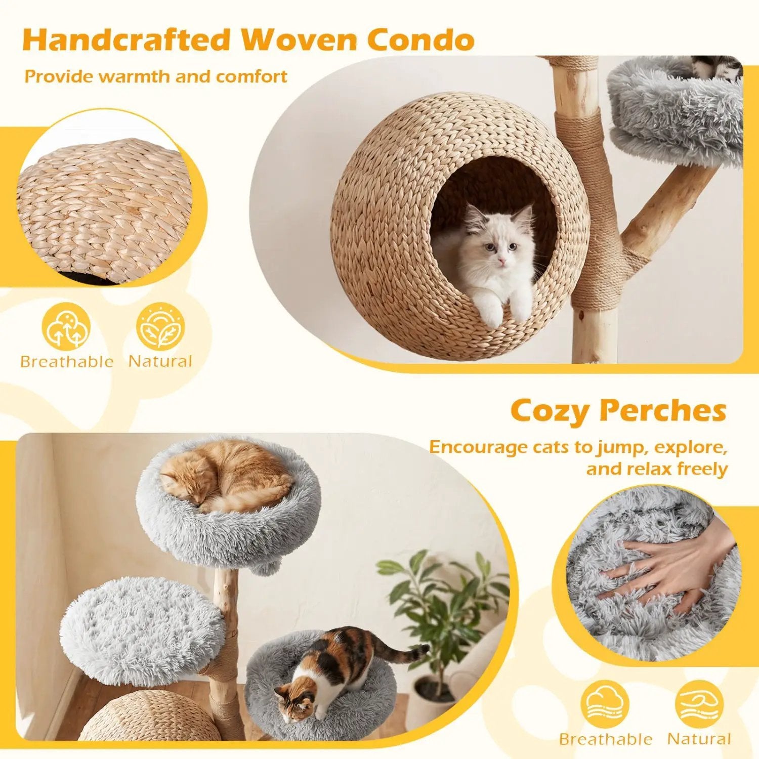 5-Tier Wooden Cat Tree with woven condo, plush perches, jute posts by DirectDeals