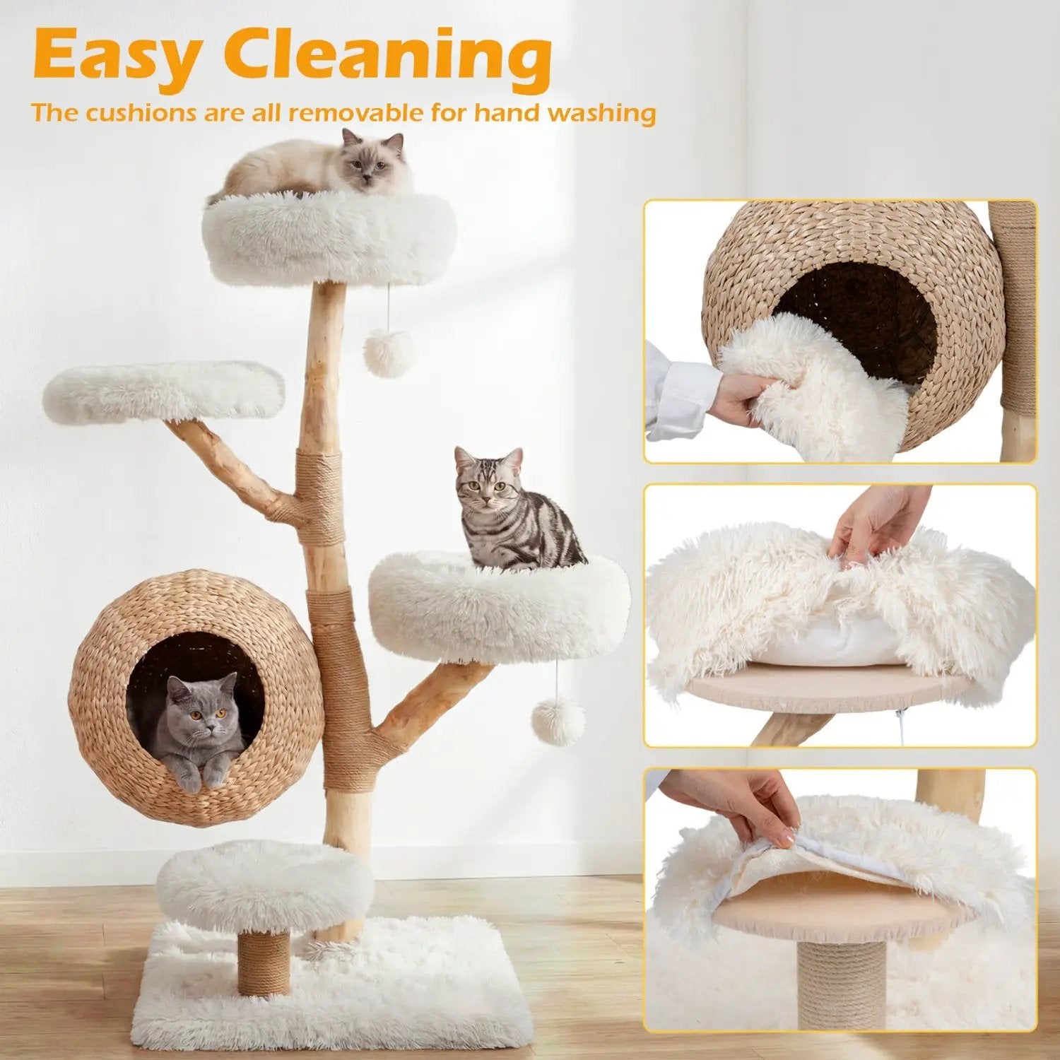 5-tier wooden cat tree with plush white perches, woven condo, jute posts, and hanging balls