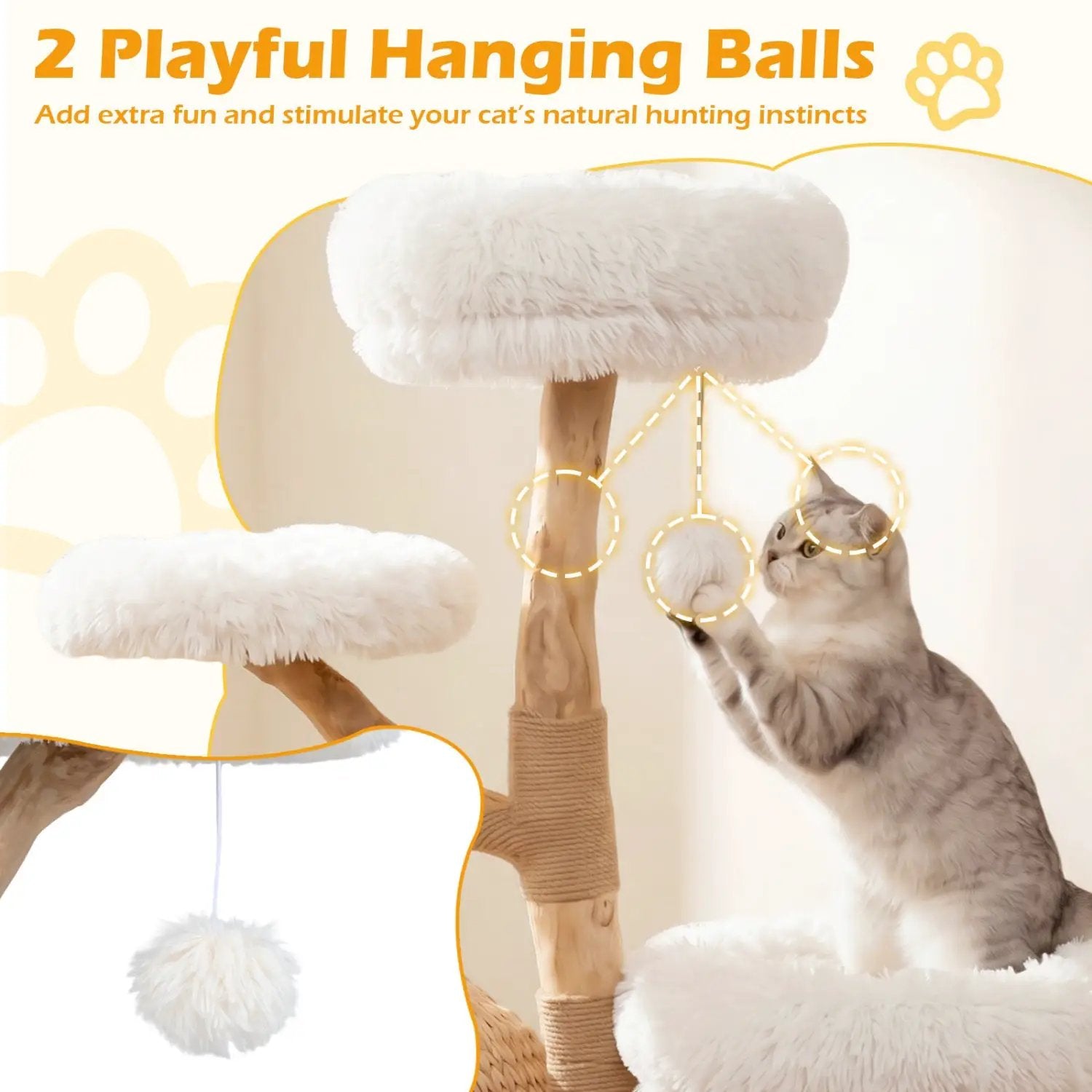 5-Tier Wooden Cat Tree with Plush White Perches, Woven Condo, Jute Posts, and Hanging Balls