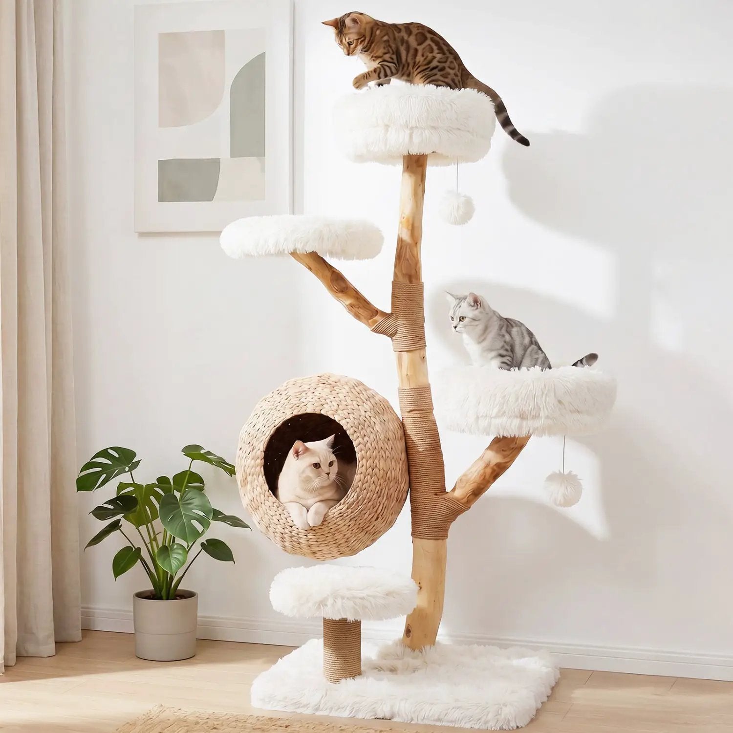 5-Tier wooden cat tree by DirectDeals with woven condo, plush white perches, jute posts and balls; three cats.
