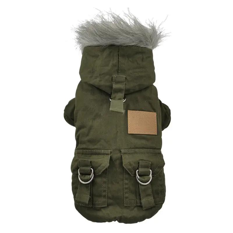 Padded Dog Clothes Padded Coat For Small Dogs in army green with pockets and fur hood.