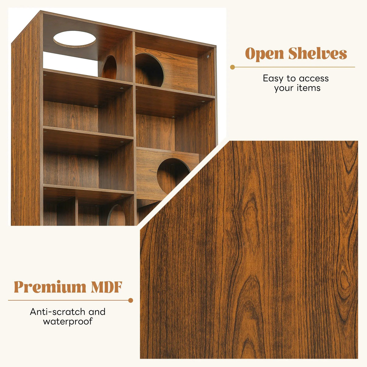 Modern 2-in-1 wooden cat house bookshelf by Sangria Beech; open shelves with round cat holes.