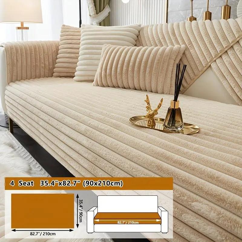 Luxurious rabbit fur sofa slipcover in light grey, non-slip, fits 4-seat couch.