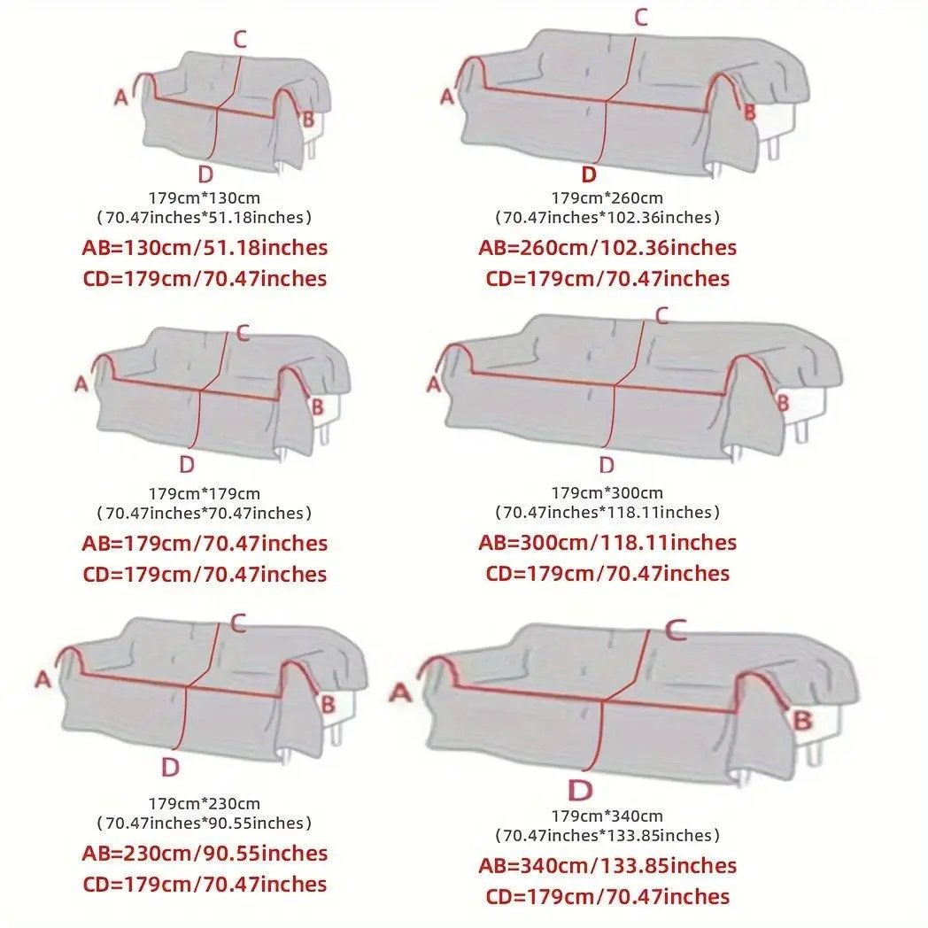 Boho-Chic All-Season Sofa Cover by topspet; light gray, pet-proof couch cover, 6 size diagrams with measurements.