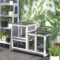 Load image into Gallery viewer, PawHut wooden rabbit hutch elevated bunny cage, gray and white finish with wire fronts; several hutches with rabbits.
