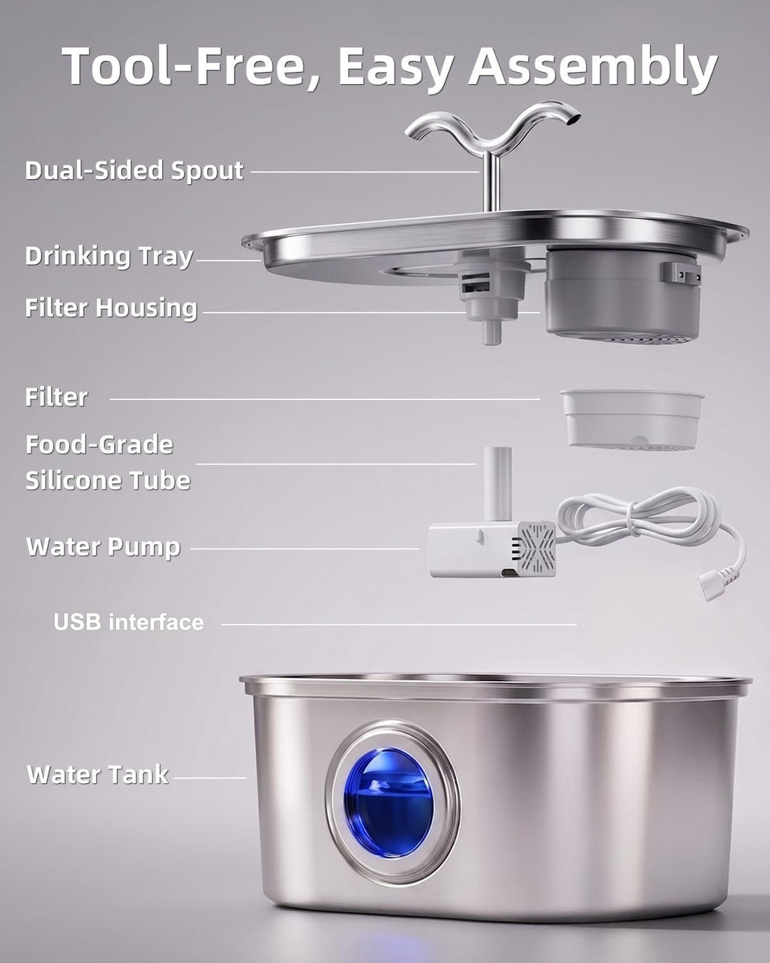 Exploded diagram of fountain components