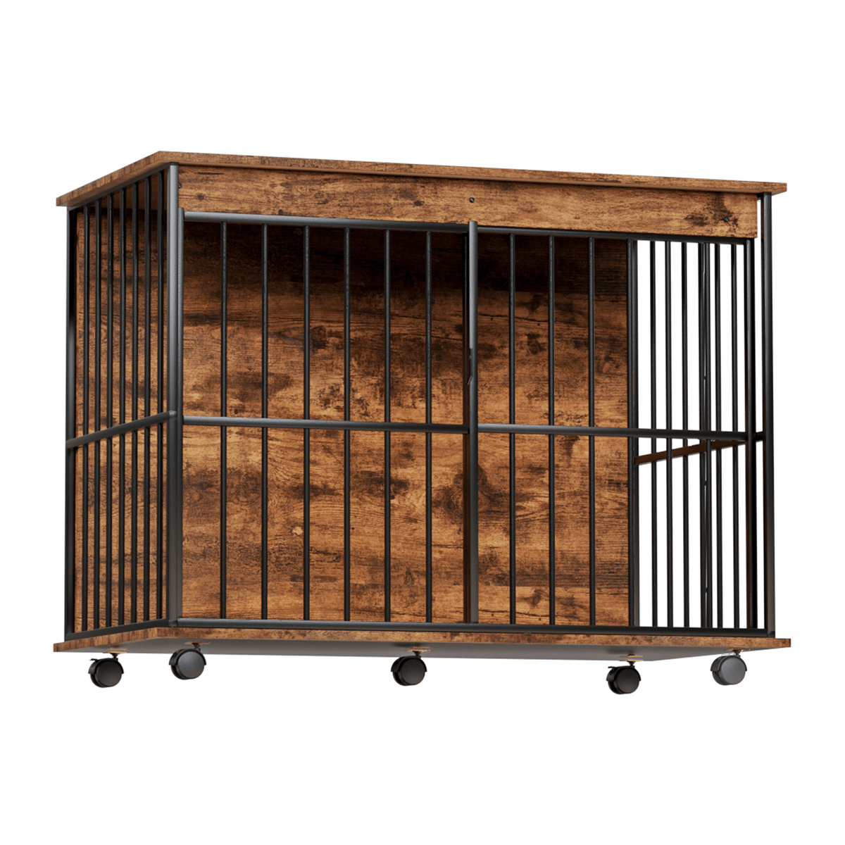 Large wooden dog crate furniture by Sangria Beech on caster wheels with black metal bars
